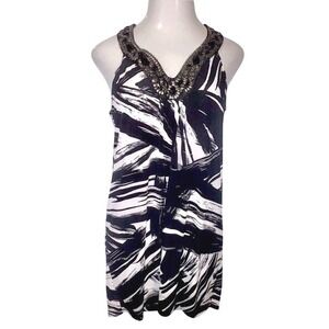 Bisou‎ Bisou Michele Bohbot Black White Abstract Beaded V-Neck Dress Womens 8